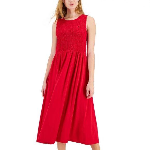 Tommy Hilfiger Women's Logo Solid-Color Smocked Sleeveless Dress - Picture 1 of 6